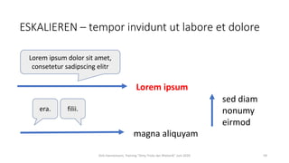 ESKALIEREN – tempor invidunt ut labore et dolore
Dirk Hannemann, Training "Dirty Tricks der Rhetorik" Juni 2020 59
era.
magna aliquyam
Lorem ipsum
filii.
Lorem ipsum dolor sit amet,
consetetur sadipscing elitr
sed diam
nonumy
eirmod
 