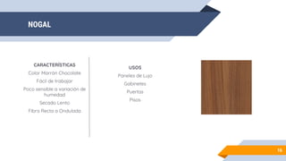 NOGAL
16
CARACTERÍSTICAS
Color Marrón Chocolate
Fácil de trabajar
Poco sensible a variación de
humedad
Secado Lento
Fibra Recta a Ondulada
USOS
Paneles de Lujo
Gabinetes
Puertas
Pisos
 