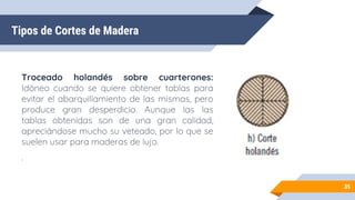 Tipos de Cortes de Madera
Troceado holandés sobre cuarterones:
Idóneo cuando se quiere obtener tablas para
evitar el abarquillamiento de las mismas, pero
produce gran desperdicio. Aunque las las
tablas obtenidas son de una gran calidad,
apreciándose mucho su veteado, por lo que se
suelen usar para maderas de lujo.
.
35
 