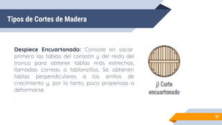 Tipos de Cortes de Madera
Despiece Encuartonado: Consiste en sacar
primero las tablas del corazón y del resto del
tronco para obtener tablas más estrechas,
llamadas correas o tabloncillos. Se obtienen
tablas perpendiculares a los anillos de
crecimiento y, por lo tanto, poco propensas a
deformarse.
.
37
 