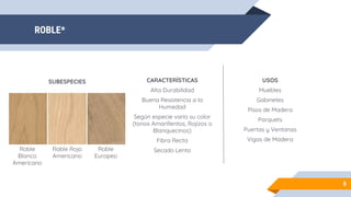 ROBLE*
8
CARACTERÍSTICAS
Alta Durabilidad
Buena Resistencia a la
Humedad
Según especie varía su color
(tonos Amarillentos, Rojizos o
Blanquecinos)
Fibra Recta
Secado Lento
USOS
Muebles
Gabinetes
Pisos de Madera
Parquets
Puertas y Ventanas
Vigas de Madera
SUBESPECIES
Roble
Blanco
Americano
Roble Rojo
Americano
Roble
Europeo
 