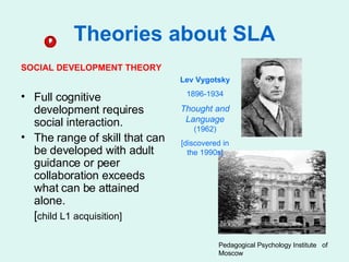 Theories about SLA SOCIAL DEVELOPMENT THEORY Full cognitive development requires social interaction.  The range of skill that can be developed with adult guidance or peer collaboration exceeds what can be attained alone. [ child L1 acquisition] Pedagogical Psychology Institute  of Moscow Lev Vygotsky 1896-1934 Thought and Language   (1962) [discovered in the 1990s] 