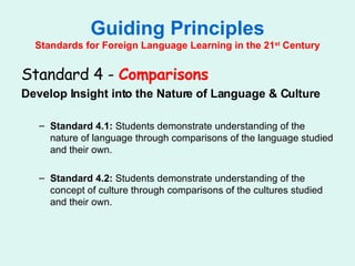 Guiding Principles Standards for Foreign Language Learning in the 21 st  Century Standard 4 -  Comparisons   Develop Insight into the Nature of Language & Culture Standard 4.1:  Students demonstrate understanding of the nature of language through comparisons of the language studied and their own. Standard 4.2:  Students demonstrate understanding of the concept of culture through comparisons of the cultures studied and their own. 