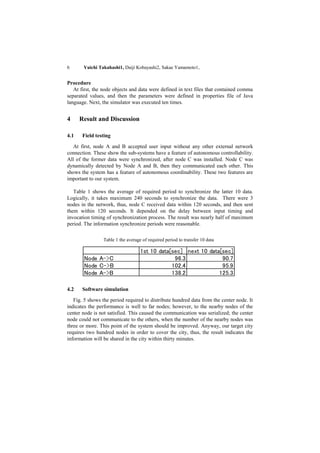 6      Yuichi Takahashi1, Daiji Kobayashi2, Sakae Yamamoto1,


Procedure
   At first, the node objects and data were defined in text files that contained comma
separated values, and then the parameters were defined in properties file of Java
language. Next, the simulator was executed ten times.


4     Result and Discussion

4.1    Field testing

   At first, node A and B accepted user input without any other external network
connection. These show the sub-systems have a feature of autonomous controllability.
All of the former data were synchronized, after node C was installed. Node C was
dynamically detected by Node A and B, then they communicated each other. This
shows the system has a feature of autonomous coordinability. These two features are
important to our system.

   Table 1 shows the average of required period to synchronize the latter 10 data.
Logically, it takes maximum 240 seconds to synchronize the data. There were 3
nodes in the network, thus, node C received data within 120 seconds, and then sent
them within 120 seconds. It depended on the delay between input timing and
invocation timing of synchronization process. The result was nearly half of maximum
period. The information synchronize periods were reasonable.

                 Table 1 the average of required period to transfer 10 data

                                    1st 10 data[sec] next 10 data[sec]
       Node A->C                                 96.3             90.7
       Node C->B                                102.4             95.9
       Node A->B                                138.2            125.3

4.2    Software simulation

   Fig. 5 shows the period required to distribute hundred data from the center node. It
indicates the performance is well to far nodes; however, to the nearby nodes of the
center node is not satisfied. This caused the communication was serialized; the center
node could not communicate to the others, when the number of the nearby nodes was
three or more. This point of the system should be improved. Anyway, our target city
requires two hundred nodes in order to cover the city, thus, the result indicates the
information will be shared in the city within thirty minutes.
 