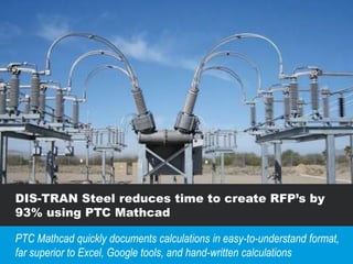 DIS-TRAN Steel reduces time to create RFP’s by
93% using PTC Mathcad
PTC Mathcad quickly documents calculations in easy-to-understand format,
far superior to Excel, Google tools, and hand-written calculations
 