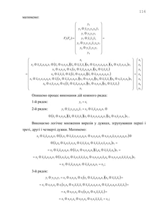 116
матимемо:





























4
75316
7654312
5217
7531
764213
5
)(
y
yyyyy
yyyyyyy
yyyy
yyyy
yyyyyy
y
FF di
    
  
  
    
   



















































7
6
5
4
3
2
1
7
53144213765432143216
7432165314421376543217643215
7643215421315314
531476543214213
743216764321553144213765432
1
x
x
x
x
x
x
x
x
xxxxxxxxxxxxxxxxxxxx
xxxxxxxxxxxxxxxxxxxxxxxxxxxx
xxxxxxxxxxxxxxxx
xxxxxxxxxxxxxxx
xxxxxxxxxxxxxxxxxxxxxxxxxxx
x
Опишемо процес виконання дій кожного рядка:
1-й рядок: 15 xy 
2-й рядок:  765432764213 xxxxxxyyyyyy
     743216764321553144213 xxxxxxxxxxxxxxxxxxxxx  .
Виконаємо логічне множення виразів у дужках, згрупувавши перші і
треті, другі і четверті дужки. Матимемо:
  7643214215421764321353765432 xxxxxxxxxxxxxxxxxxxxxxxxxxxx
   7432153165314321464 xxxxxxxxxxxxxxxxxxx
    7653164542153765432 xxxxxxxxxxxxxxxxxxx
  7653154216454216531536453765432 xxxxxxxxxxxxxxxxxxxxxxxxxxxxxxx 
276543765432 xxxxxxxxxxxx  ;
3-й рядок:
   5314765432142137531 xxxxxxxxxxxxxxxyyyy
  5317654347654353124214213 xxxxxxxxxxxxxxxxxxxxxxxxx
  53124214213 xxxxxxxxxxx
3531214214213 xxxxxxxxxxxxx  ;
 