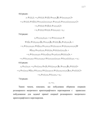 117
4-й рядок:
   76432154213153145217 xxxxxxxxxxxxxxxxyyyy
  76432142154217643214215315314 xxxxxxxxxxxxxxxxxxxxxxxxxxxxx
  54215315314 xxxxxxxxxxx
4542115315314 xxxxxxxxxxxxx  ;
5-й рядок:
 76432157654312 xxxxxxxyyyyyyy
      743216531442137654321 xxxxxxxxxxxxxxxxxxxxx
  4217654337654342123217643215 xxxxxxxxxxxxxxxxxxxxxxxxxxxx
   7432153165314321464 xxxxxxxxxxxxxxxxxxx
   7653143214643217643215 xxxxxxxxxxxxxxxxxxxxxx
5765313217432143217643217643215 xxxxxxxxxxxxxxxxxxxxxxxxxxxxxxx  ;
6-й рядок:
    5314421376543214321675316 xxxxxxxxxxxxxxxxxxxxyyyyy
   5311414217654337654342123243216 xxxxxxxxxxxxxxxxxxxxxxxxxxxxxxx
6413243216 xxxxxxxxxx  ;
7-й рядок:
74 xy  .
Таким чином, показано, що побудована обернена операція
розширеного матричного криптографічного перетворення є правильно
побудованою для заданої прямої операції розширеного матричного
криптографічного перетворення.
 
