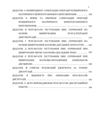4
ДОДАТОК А НЕВИРОДЖЕНІ 3-ОПЕРАНДНІ ОПЕРАЦІЇ РОЗШИРЕНОГО
МАТРИЧНОГО КРИПТОГРАФІЧНОГО ПЕРЕТВОРЕННЯ…………...
ДОДАТОК Б ПРЯМІ ТА ОБЕРНЕНІ 3-ОПЕРАНДНІ ОПЕРАЦІЇ
РОЗШИРЕНОГО МАТРИЧНОГО КРИПТОГРАФІЧНОГО
ПЕРЕТВОРЕННЯ…………………………………………………………..
ДОДАТОК В РЕЗУЛЬТАТИ ТЕСТУВАННЯ ПВП, ОТРИМАНОЇ НА
ОСНОВІ ШИФРУВАННЯ БУХГАЛТЕРСЬКОЇ
ДОКУМЕНТАЦІЇ................................................................................
ДОДАТОК Г РЕЗУЛЬТАТИ ТЕСТУВАННЯ ПВП, ОТРИМАНОЇ НА
ОСНОВІ ШИФРУВАННЯ НАУКОВО-ДОСЛІДНОЇ ЛІТЕРАТУРИ…..
ДОДАТОК Д РЕЗУЛЬТАТИ ТЕСТУВАННЯ ПВП, ОТРИМАНОЇ ПРИ
ШИФРУВАННІ ЗВІТІВ З НАУКОВО-ДОСЛІДНИХ РОБІТ…………...
ДОДАТОК Е РЕЗУЛЬТАТИ ТЕСТУВАННЯ ПВП, ОТРИМАНОЇ ПРИ
ШИФРУВАННІ НАУКОВО-МЕТОДИЧНИХ КОМПЛЕКСІВ
ДИСЦИПЛІН………………………………………………………………..
ДОДАТОК Ж СПИСОК ПУБЛІКАЦІЙ ЗДОБУВАЧА ЗА ТЕМОЮ
ДИСЕРТАЦІЇ………………………………………………………………..
ДОДАТОК К ВІДОМОСТІ ПРО АПРОБАЦІЮ РЕЗУЛЬТАТІВ
ДИСЕРТАЦІЇ……………………………………………………………………….
ДОДАТОК Л АКТИ ВПРОВАДЖЕННЯ РЕЗУЛЬТАТІВ ДИСЕРТАЦІЙНОЇ
РОБОТИ……………………………………………………………………..
158
165
179
182
185
188
191
193
194
 