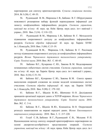 151
перетворення для синтезу криптоалгоритмів. Сучасна спеціальна техніка.
2014. № 3 (38). С. 49–55.
56. Рудницький В. М., Миронець І. В., Бабенко В. Г. Обґрунтування
можливості розширення набору функцій перекодування інформації для
захисту конфіденційних інформаційних ресурсів. Системи управління,
навігації та зв’язку: зб. наук. пр. Київ: Центр. наук.-досл. ін-т навігації і
управл., 2010. Вип. 2 (14). С.118–122.
57. Рудницький В. М., Миронець І. В., Бабенко В. Г. Методологія
підвищення оперативності доступу до конфіденційних інформаційних
ресурсів. Системи обробки інформації: зб. наук. пр. Харків: ХУПС
ім. І. Кожедуба, 2010. Вип. 5 (86). С.15–19.
58. Рудницький В. М., Миронець І. В., Бабенко В. Г. Реалізація
методу підвищення оперативності доступу до конфіденційних інформаційних
ресурсів. Вісник Черкаського державного технологічного університету.
Серія: Технічні науки. 2010. Вип. №3. С. 60–65.
59. Бабенко В.Г., Кучеренко С. Ю., Зажома В. М. Моделирование
позиционных избыточных систем счисления. Системи управління, навігації
та зв’язку: зб. наук. пр. Харків: Центр. наук.-досл. ін-т навігації і управл.,
2010. Вип. 4 (16). С.51–54.
60. Бабенко В.Г., Кучеренко С. Ю., Зажома В. М. Синтез правил
выполнения операций сложения на основе моделей позиционных систем
счисления. Системи обробки інформації: зб. наук. пр. Харків: ХУПС
ім. І. Кожедуба, 2010. Вип. 9 (90). С. 179–182.
61. Бабенко В. Г., Шадхін В. Ю., Шевченко О. О. Дослідження
принципів організації передачі даних в TCP/IP-мережах. Вісник Черкаського
державного технологічного університету. Серія: Технічні науки. 2010.
Вип. №2. С. 3–6.
62. Бабенко В. Г., Шадхін В. Ю., Компанієць В. О. Оперативний
розподіл навантаження на мережі передачі даних. Вісник Хмельницького
національного університету. 2010. Вип. 3. С. 217–220.
63. Голуб С. В., Бабенко В. Г., Рудницький С. В., Мельник Р. П.
Вдосконалення методу синтезу операцій криптографічного перетворення на
основі дискретно-алгебраїчного представлення операцій. Системи
управління, навігації та зв'язку : зб. наук. праць. Київ: Центр. наук.-досл. ін-т
 