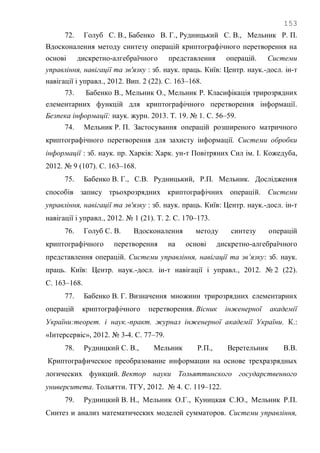 153
72. Голуб С. В., Бабенко В. Г., Рудницький С. В., Мельник Р. П.
Вдосконалення методу синтезу операцій криптографічного перетворення на
основі дискретно-алгебраїчного представлення операцій. Системи
управління, навігації та зв'язку : зб. наук. праць. Київ: Центр. наук.-досл. ін-т
навігації і управл., 2012. Вип. 2 (22). С. 163–168.
73. Бабенко В., Мельник О., Мельник Р. Класифікація трирозрядних
елементарних функцій для криптографічного перетворення інформації.
Безпека інформації: наук. журн. 2013. Т. 19. № 1. С. 56–59.
74. Мельник Р. П. Застосування операцій розширеного матричного
криптографічного перетворення для захисту інформації. Системи обробки
інформації : зб. наук. пр. Харків: Харк. ун-т Повітряних Сил ім. І. Кожедуба,
2012. № 9 (107). С. 163–168.
75. Бабенко В. Г., С.В. Рудницький, Р.П. Мельник. Дослідження
способів запису трьохрозрядних криптографічних операцій. Системи
управління, навігації та зв'язку : зб. наук. праць. Київ: Центр. наук.-досл. ін-т
навігації і управл., 2012. № 1 (21). Т. 2. С. 170–173.
76. Голуб С. В. Вдосконалення методу синтезу операцій
криптографічного перетворення на основі дискретно-алгебраїчного
представлення операцій. Системи управління, навігації та зв’язку: зб. наук.
праць. Київ: Центр. наук.-досл. ін-т навігації і управл., 2012. № 2 (22).
С. 163–168.
77. Бабенко В. Г. Визначення множини трирозрядних елементарних
операцій криптографічного перетворення. Вісник інженерної академії
України:теорет. і наук.-практ. журнал інженерної академії України. К.:
«Інтерсервіс», 2012. № 3-4. С. 77–79.
78. Рудницкий С. В., Мельник Р.П., Веретельник В.В.
Криптографическое преобразование информации на основе трехразрядных
логических функций. Вектор науки Тольяттинского государственного
университета. Тольятти. ТГУ, 2012. № 4. С. 119–122.
79. Рудницкий В. Н., Мельник О.Г., Куницкая С.Ю., Мельник Р.П.
Синтез и анализ математических моделей сумматоров. Системи управління,
 