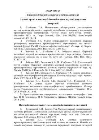 191
ДОДАТОК Ж
Список публікацій здобувача за темою дисертації
Наукові праці, в яких опубліковані основні наукові результати
дисертації
1. Стабецька Т.А. Математичне обґрунтування узагальненого
методу синтезу обернених операцій нелінійного розширеного матричного
криптографічного перетворення. Наукові праці: наук.-метод. журнал.
Миколаїв: ЧДУ ім. Петра Могили, 2014. Вип.238(250). Комп‘ютерні
технології . С.110-114.
2. Стабецька Т.А. Умови невиродженості нелінійних операцій
розширеного матричного криптографічного перетворення, що містять
неповні функції РМКП. Системи обробки інформації: зб. наук. пр. Харків:
ХУПС ім. І. Кожедуба, 2016. Вип. 1(138). С.131-133.
3. Бабенко В. Г., Стабецька Т. А. Побудова моделі оберненої
нелінійної операції матричного криптографічного перетворення. Системи
управління, навігації та зв’язку: зб. наук. пр. Полтава, 2013. Вип. 3(27).
С. 117–119.
4. Бабенко В.Г., Рудницький В. М., Стабецька Т.А. Узагальнений
метод синтезу обернених нелінійних операцій розширеного матричного
криптографічного перетворення. Системи обробки інформації: зб. наук. пр.
Харків: ХУПС ім. І. Кожедуба, 2013. Вип. 6(122). С.118-121.
5. Бабенко В.Г., Мельник О.Г., Стабецька Т.А. Синтез нелінійних
операцій криптографічного перетворення. Безпека інформації: наук. журнал.
Київ: НАУ, 2014. Т.20. №2. С.143-147.
6. Бабенко В.Г., Король К.В., Пивнева С.В., Рудницкий В.Н.,
Стабецкая Т.А. Синтез модели обратной нелинейной операции
расширенного матричного криптографического преобразования. Вектор
науки Тольяттинского государственного университета. Тольятти: ТГУ,
2014. №4(30). С.18-21.
7. Криптографическое кодирование: коллективная монография / под
ред. В. Н. Рудницкого, В. Я. Мильчевича. Харьков: Щедрая усадьба плюс,
2014. 240с.
Наукові праці, які засвідчують апробацію матеріалів дисертації
8. Рудницький В.М., Ковтюх Т.А. Метод нумерації спеціалізованих
логічних функцій. Моделювання, ідентифікація, синтез систем управління:
матеріали п‘ятнадцятої міжнар. наук.-техн. конф.: тези доп. (Москва –
Донецьк, 9-16 вересня 2012 р.). С.178-179.
9. Бабенко В.Г., Стабецька Т.А. Операції матричного
криптографічного декодування на основі логічних визначників. Методи та
засоби кодування, захисту й ущільнення інформації: матеріали четвертої
 