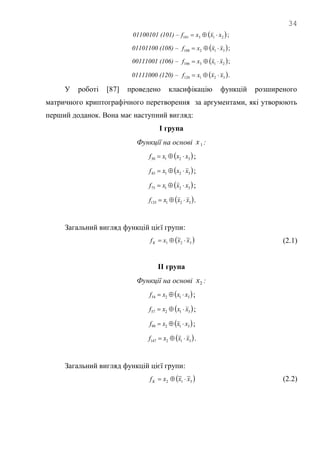 34
01100101 (101) –  213101 xxxf  ;
01101100 (108) –  312108 xxxf  ;
00111001 (106) –  213106 xxxf  ;
01111000 (120) –  321120 xxxf  .
У роботі [87] проведено класифікацію функцій розширеного
матричного криптографічного перетворення за аргументами, які утворюють
перший доданок. Вона має наступний вигляд:
І група
Функції на основі 1x :
 32130 xxxf  ;
 32145 xxxf  ;
 32175 xxxf  ;
 321135 xxxf  .
Загальний вигляд функцій цієї групи:
 321
~~ xxxfK  (2.1)
ІІ група
Функції на основі 2x :
 31254 xxxf  ;
 31257 xxxf  ;
 31299 xxxf  ;
 312147 xxxf  .
Загальний вигляд функцій цієї групи:
 312
~~ xxxfK  (2.2)
 