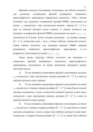 51
Провівши подальші дослідження, встановлено, що таблиці істинності
для доповнень n-операндних функцій розширеного матричного
криптографічного перетворення формуються аналогічно. Тобто, таблиці
істинності для доповнень n-операндних функцій РМКП, синтезованих на
основі 1x , складаються з двох діагональних матриць порядку  11
22 
 nn
, в
яких на побічній діагоналі стоять одиниці. А таблиці істинності для
доповнень n-операндних функцій РМКП, синтезованих на основі 2x , 3x ,…, nx
поділяються на 4 блоки. Блоки головних діагоналей – це матриці порядку
 21
22 
 nn
, елементами яких є нулі, а блоки побічних діагоналей являють
собою таблиці істинності для доповнень функцій РМКП операцій
розширеного матричного криптографічного перетворення )1( n -ї
розрядності, синтезованих на основі 1x , 2x , … , 1nx .
Таким чином, структура таблиць істинності для доповнень n-
операндних функцій розширеного матричного криптографічного
перетворення, синтезованих на основі відповідних аргументів матиме
наступний вигляд:
1). ТІ для доповнень елементарних функцій, синтезованих на основі
1x , складається з двох діагональних матриць розміром  11
22 
 nn
, в яких на
побічній діагоналі стоять одиниці;
2). ТІ для доповнень елементарних функцій, синтезованих на основі
2x , складається з чотирьох матриць розміром  21
22 
 nn
, в яких блоки головної
діагоналі складаються з нулів, а кожен блок побічної діагоналі в свою чергу
складається з двох діагональних матриць, розміром  22
22 
 nn
, в яких на
побічній діагоналі стоять одиниці.
3). ТІ для доповнень елементарних функцій, синтезованих на основі
3x , складається з чотирьох матриць розміром  21
22 
 nn
, в яких блоки головної
діагоналі складаються з нулів, а кожен блок побічної діагоналі в свою чергу
складається з чотирьох блоків розміром  32
22 
 nn
, де кожен блок побічної
 