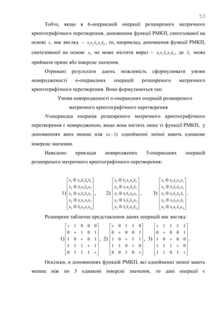 53
Тобто, якщо в 6-операндній операції розширеного матричного
криптографічного перетворення, доповнення функції РМКП, синтезованої на
основі 3x має вигляд – 65421 xxxxx , то, наприклад, доповнення функції РМКП,
синтезованої на основі 4x не може містити вираз – 65321
~ xxxxx , де 3
~x може
приймати пряме або інверсне значення.
Отримані результати дають можливість сформулювати умови
невиродженості n-операндних операцій розширеного матричного
криптографічного перетворення. Вони формулюються так:
Умови невиродженості n-операндних операцій розширеного
матричного криптографічного перетворення
N-операндна операція розширеного матричного криптографічного
перетворення є невиродженою, якщо вона містить лише ті функції РМКП, у
доповненнях яких менше ніж )2( n однойменні змінні мають однакове
інверсне значення.
Наведемо приклади невироджених 5-операндних операцій
розширеного матричного криптографічного перетворення:
1)





















43215
53214
54213
54312
54321
xxxxx
xxxxx
xxxxx
xxxxx
xxxxx
, 2)





















43215
54312
54213
53214
54321
xxxxx
xxxxx
xxxxx
xxxxx
xxxxx
, 3)





















43215
53214
54213
54312
54321
xxxxx
xxxxx
xxxxx
xxxxx
xxxxx
.
Розширене табличне представлення даних операцій має вигляд:
1)





















1110
1111
1001
1010
0001
, 2)





















0100
0011
1101
1000
0110
, 3)





















1011
0111
0001
1000
1111
.
Оскільки, в доповненнях функцій РМКП, всі однойменні змінні мають
менше ніж по 3 однакові інверсні значення, то дані операції є
 