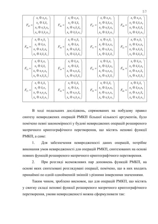 57



















3214
4213
312
321
45
xxxx
xxxx
xxx
xxx
F



















3214
4213
312
321
46
xxxx
xxxx
xxx
xxx
F



















3214
4213
4312
321
47
xxxx
xxxx
xxxx
xxx
F



















3214
4213
4312
321
48
xxxx
xxxx
xxxx
xxx
F



















3214
4213
312
321
49
xxxx
xxxx
xxx
xxx
F



















3214
4213
312
321
50
xxxx
xxxx
xxx
xxx
F



















3214
4213
4312
321
51
xxxx
xxxx
xxxx
xxx
F



















3214
4213
4312
321
52
xxxx
xxxx
xxxx
xxx
F



















3214
4213
312
321
53
xxxx
xxxx
xxx
xxx
F



















3214
4213
312
321
54
xxxx
xxxx
xxx
xxx
F



















3214
4213
4312
321
55
xxxx
xxxx
xxxx
xxx
F



















3214
4213
4312
321
56
xxxx
xxxx
xxxx
xxx
F



















3214
4213
312
321
57
xxxx
xxxx
xxx
xxx
F



















3214
4213
312
321
58
xxxx
xxxx
xxx
xxx
F



















3214
4213
4312
321
59
xxxx
xxxx
xxxx
xxx
F



















3214
4213
4312
321
60
xxxx
xxxx
xxxx
xxx
F
В ході подальших досліджень, спрямованих на побудову правил
синтезу невироджених операцій РМКП більшої кількості аргументів, було
помічено певні закономірності у будові невироджених операцій розширеного
матричного криптографічного перетворення, що містять неповні функції
РМКП, а саме:
1. Для забезпечення невиродженості даних операцій, потрібне
виконання умов невиродженості для операцій РМКП, синтезованих на основі
повних функцій розширеного матричного криптографічного перетворення.
2. При розгляді всеможливих пар доповнень функцій РМКП, на
основі яких синтезовані розглядувані операції, помічено, що в них входить
принаймні по одній однойменній змінній з різними інверсними значеннями.
Таким чином, зроблено висновок, що для операцій РМКП, що містять
у своєму складі неповні функції розширеного матричного криптографічного
перетворення, умови невиродженості можна сформулювати так:
 