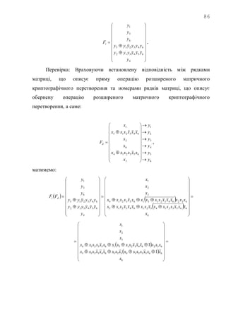 86























4
654312
643215
6
3
1
y
yyyyyy
yyyyyy
y
y
y
Fi .
Перевірка: Враховуючи встановлену відповідність між рядками
матриці, що описує пряму операцію розширеного матричного
криптографічного перетворення та номерами рядків матриці, що описує
обернену операцію розширеного матричного криптографічного
перетворення, а саме:
6
5
4
3
2
1
3
653214
6
2
643215
1
y
y
y
y
y
y
x
xxxxxx
x
x
xxxxxx
x
Fd




























 ,
матимемо:
 
 
 















































6
6653214321643215
6326432151653214
3
2
1
4
654312
643215
6
3
1
x
xxxxxxxxxxxxxxxx
xxxxxxxxxxxxxxxx
x
x
x
y
yyyyyy
yyyyyy
y
y
y
FF di
 
 
























6
6653214321643215
6326432151653214
3
2
1
1
1
x
xxxxxxxxxxxxxxxx
xxxxxxxxxxxxxxxx
x
x
x
 