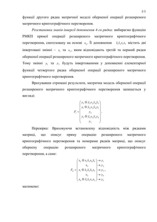 89
функції другого рядка матричної моделі оберненої операції розширеного
матричного криптографічного перетворення.
Розстановка знаків інверсії доповнення 4-го рядка: вибираємо функцію
РМКП прямої операції розширеного матричного криптографічного
перетворення, синтезовану на основі 4x . Її доповнення 5321 xxxx містить дві
інвертовані змінні – 1x та 2x , яким відповідають третій та перший рядки
оберненої операції розширеного матричного криптографічного перетворення.
Тому змінні 1y та 3y будуть інвертованими у доповненні елементарної
функції четвертого рядка оберненої операції розширеного матричного
криптографічного перетворення.
Врахувавши отримані результати, матрична модель оберненої операції
розширеного матричного криптографічного перетворення запишеться у
вигляді:




















2
43215
4
54321
54213
y
yyyyy
y
yyyyy
yyyyy
Fi .
Перевірка: Враховуючи встановлену відповідність між рядками
матриці, що описує пряму операцію розширеного матричного
криптографічного перетворення та номерами рядків матриці, що описує
обернену операцію розширеного матричного криптографічного
перетворення, а саме:
5
4
3
2
1
53214
3
54321
5
54312
y
y
y
y
y
xxxxx
x
xxxxx
x
xxxxx
Fd
























 ,
матимемо:
 