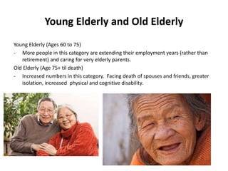 Young Elderly and Old Elderly
Young Elderly (Ages 60 to 75)
- More people in this category are extending their employment years (rather than
retirement) and caring for very elderly parents.
Old Elderly (Age 75+ til death)
- Increased numbers in this category. Facing death of spouses and friends, greater
isolation, increased physical and cognitive disability.
 