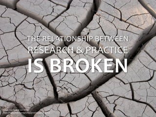 THE	
  RELATIONSHIP	
  BETWEEN	
  
RESEARCH	
  &	
  PRACTICE	
  
IS	
  BROKEN
Image	
  courtesy	
  of	
  Jon	
  Wiley	
  
...