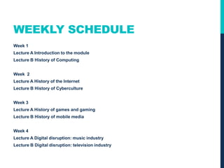 WEEKLY SCHEDULE
Week 1
Lecture A Introduction to the module
Lecture B History of Computing
Week 2
Lecture A History of the Internet
Lecture B History of Cyberculture
Week 3
Lecture A History of games and gaming
Lecture B History of mobile media
Week 4
Lecture A Digital disruption: music industry
Lecture B Digital disruption: television industry
 