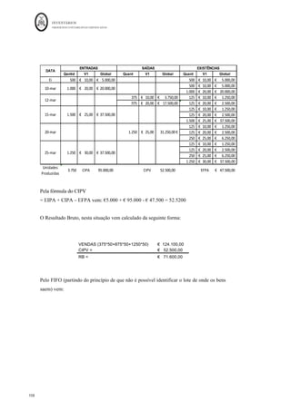 INVENTÁRIOS
ORDEM DOS CONTABILISTAS CERTIFICADOS
104
	 	
104	
	
4.5. A Mensuração (Subsequente) das Saídas e Existências
A mensuração das entradas dos inventários nos armazéns faz-se com o custo de
aquisição, custo da produção e outros gastos. No entanto, os inventários são ativos
dinâmicos, têm entradas em momentos diferentes do tempo, são consumidos,
transformados, deterioram-se, são oferecidos e sobram no armazém no final de um
determinado período, pelo que é necessário mensurar as saídas de inventários dos
armazéns dos processos produtivos e em existências finais.
Obviamente que, se os inventários são mensurados pelo custo no momento das entradas,
então é esse mesmo custo a base da mensuração das saídas e das existências. A NCRF 18
distingue formas diferentes de mensuração de saídas e existências finais de inventários,
mas todas elas se baseiam no custo, designam-se de fórmulas de custeio e técnicas de
mensuração do custo.
4.5.1. Fórmulas de Custeio
	
As fórmulas de custeio dividem-se essencialmente em três:
- Identificação Específica do Custo Unitário (Custo Específico); “O custo dos
inventários de itens que não sejam geralmente intermutáveis e de bens ou serviços
produzidos e segregados para projetos específicos deve ser apurado através da
identificação específica dos seus custos unitários” (NCRF 18, §23). Ou seja, a regra é,
sempre que se esteja perante inventários que não se possam substituir (intermutáveis) ou
sejam produzidos para projetos específicos deverá ser atribuído o custo unitário
específico desse inventário. O que acontece é que em empresas de produtos com maiores
rotações e maior intermutabilidade, nem sempre isso é possível (NCRF 18, §24). Este
tipo de custo utiliza-se por exemplo na atividade de compra e venda de automóveis, onde
cada automóvel é identificado especificamente, por exemplo, pela sua matrícula ou na
atividade de compra e venda de bens imóveis, onde a cada imóvel é atribuído um número
do artigo ou fração. O tratamento das operações do exemplo dado no ponto 3.2 deste
trabalho baseia-se nessa fórmula de custeio.
 