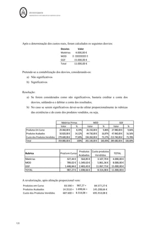 INVENTÁRIOS
ORDEM DOS CONTABILISTAS CERTIFICADOS
116
	 	
116	
	
Figura 18: Contabilização dos Desvios da Fabricação a AISO
Fonte: Elaboração própria baseado em vários autores
- SISO (Standard In – Standard Out): consiste em contabilizar as entradas na produção a
valores padrão e as saídas a valores padrão, ou seja, os desvios são calculados numa conta
antes do cálculo do custo da produção.
Figura 19: Contabilização dos Desvios da Fabricação a AISO
Fonte: Elaboração própria baseado em vários autores
Onde:
Qr: Quantidade totalmente consumida de matéria-prima para a produção de N unidades
de X
Cr: Custo unitário de matéria-prima que realmente a entidade acordou pagar;
Qp: Quantidade total de matéria-prima padrão, ou seja, Produção real * consumo unitário
padrão;
Cp: Custo unitário de matéria-prima que a entidade prevê pagar.
 