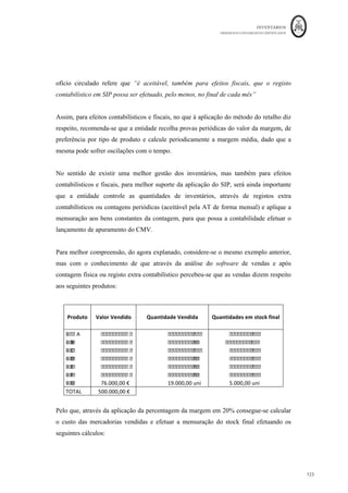 INVENTÁRIOS
ORDEM DOS CONTABILISTAS CERTIFICADOS
119
	 	
119	
	
Figura 21: Esquema de Contabilização dos Desvios em SISO
Fonte: Elaboração própria baseado em Ferreira (2014)
Dando um exemplo concreto,
Considere-se os seguintes dados da empresa M, no final de um determinado período, com
valorização a custos padrão:
Produtos	Acabados	
MP	 					50.820,00	€		
MOD	 					44.730,00	€	
	
GGF	 					47.960,00	€		
TOTAL	 			143.510,00	€		
	 	
Produtos	Em	Curso	de	Fabrico	
MP	 					29.460,00	€		
MOD	 					26.150,00	€	
	
GGF	 					27.980,00	€		
TOTAL	 					83.590,00	€		
	 	
Custo	dos	Produtos	Vendidos	
MP	 			279.600,00	€		
MOD	 			194.260,00	€	
	
GGF	 			213.740,00	€		
TOTAL	 			687.600,00	€		
 
