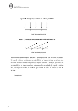 INVENTÁRIOS
ORDEM DOS CONTABILISTAS CERTIFICADOS
124
	 	
124	
	
No caso em questão foi aplicada uma margem média de 20% a todos os bens,
obviamente, que se for conhecida a margem de cada tipo de bem, podem ser efetuados os
cálculos da margem e correspondente valorização bem a bem, conseguindo desta forma
atribuir valor às quantidades dos diferentes tipos de bens existentes em stock no final de
um determinado período.
4.5.3. A Produção em Curso
Até agora tratou-se a mensuração através de fórmulas de custeio ou técnicas de
mensuração, que se aplicam a todo o tipo de inventários, no entanto, os inventários em
vias de fabrico, assim como os subprodutos, resíduos ou refugos têm algumas
particularidades na sua mensuração que interessam abordar.
A valorização da produção que ficou em curso ou vias de fabrico no final de uma
determinado período é, sem dúvida, um grande desafio no dia-a-dia das empresas
industriais. Esse desafio torna-se maior, e por vezes impossível de ultrapassar, quando se
pretende aplicar o SIP tal como o mesmo se encontra definido teoricamente. Tendo em
conta as diferentes especificidades do regime de fabrico de cada entidade terá ser
escolhido um método e aplicá-lo de forma consistente. Daí que interessa falar um pouco
sobre os regimes de fabrico ou tipos de produção que as entidades industriais podem ter.
Produto
Valor	Vendido	
(1)
Quantidade	
Vendida	(2)
PV1	
Médio		
(3)=(1)/(2)
Margem	
Unitária	
(4)=(3)*0,2
Custo	de	
Aquisição	
Unitário	
(5)=(3)-(4)
CMV	(6)=(2)*(5)
Quantidades	em	
stock	final	(7)
Valor	do	
inventário	
(8)=(5)*(7)
Bem	A 75.000,00	€
							 15.000,00	
							 5,00	€
							 1,00	€
									 4,00	€
														 60.000,00	€
							 9.998,75	
											 39.995,00	€
						
Bem	B 69.000,00	€
							 20.000,00	
							 3,45	€
							 0,69	€
									 2,76	€
														 55.200,00	€
							 14.999,00	
								 41.397,24	€
						
Bem	C 95.000,00	€
							 47.500,00	
							 2,00	€
							 0,40	€
									 1,60	€
														 76.000,00	€
							 4.622,00	
											 7.395,20	€
								
Bem	D 72.000,00	€
							 20.000,00	
							 3,60	€
							 0,72	€
									 2,88	€
														 57.600,00	€
							 5.378,00	
											 15.488,64	€
						
Bem	E 49.000,00	€
							 10.000,00	
							 4,90	€
							 0,98	€
									 3,92	€
														 39.200,00	€
							 3.501,00	
											 13.723,92	€
						
Bem	F 64.000,00	€
							 16.000,00	
							 4,00	€
							 0,80	€
									 3,20	€
														 51.200,00	€
							 5.000,00	
											 16.000,00	€
						
Bem	G 76.000,00	€
							 19.000,00	
							 4,00	€
							 0,80	€
									 3,20	€
														 60.800,00	€
							 5.000,00	
											 16.000,00	€
						
TOTAL 500.000,00	€
				 400.000,00	€
					 150.000,00	€
			
 
