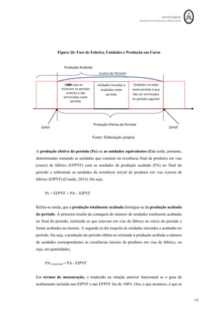 INVENTÁRIOS
ORDEM DOS CONTABILISTAS CERTIFICADOS
125
	 	
125	
	
Assim, a fabricação da uma entidade pode ser uniforme, quando fabrica apenas um
produto, ou , quando fabrica mais do que um produto. Por sua vez, a fabricação
múltipla pode ser , quando a partir das mesmas matérias e custos de
transformação é obtido mais do que um produto, , quando o processo de
fabrico de um produto é distinto do processo de fabrico de outro produto. São exemplos
de produção conjunta a obtenção do gasóleo e gasolina a partir da refinação do petróleo,
ou por exemplo, a obtenção a partir do leite, de manteiga e requeijão, ou por exemplo, a
partir do abate do gado a obtenção de carne, osso, sangue, etc.
Por sua vez, para além daquelas distinções, a produção pode ser também
quando “obedece a uma sequência de operações e não depende de qualquer ordem de
produção específica, sendo também designada de produção por processos; no plano
oposto, a produção é descontínua quando o processo produtivo é flexível e orientado
para satisfazer encomendas em um elevado grau de especificação por parte do cliente.”
(Ferreira, 2014: 192).
Assim, existem dois métodos de apuramento dos custos,
por processos, relacionada com a produção contínua, e o método direto, por ordens de
produção ou encomendas.
Interessa ainda fazer uma referência à mensuração da produção efetuada com defeito, às
quebras ou perdas durante o processo produtivo. Apresenta-se o seguinte esquema
relativo à principal caraterização e tratamento dos regimes de fabrico:
 