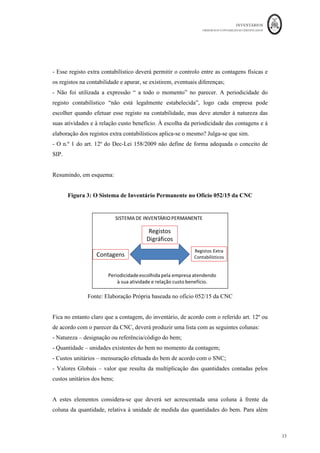 INVENTÁRIOS
ORDEM DOS CONTABILISTAS CERTIFICADOS
23
	 	
23	
	
- Esse registo extra contabilístico deverá permitir o controlo entre as contagens físicas e
os registos na contabilidade e apurar, se existirem, eventuais diferenças;
- Não foi utilizada a expressão “ a todo o momento” no parecer. A periodicidade do
registo contabilístico “não está legalmente estabelecida”, logo cada empresa pode
escolher quando efetuar esse registo na contabilidade, mas deve atender à natureza das
suas atividades e à relação custo benefício. À escolha da periodicidade das contagens e à
elaboração dos registos extra contabilísticos aplica-se o mesmo? Julga-se que sim.
- O n.º 1 do art. 12º do Dec-Lei 158/2009 não define de forma adequada o conceito de
SIP.
Resumindo, em esquema:
Figura 3: O Sistema de Inventário Permanente no Ofício 052/15 da CNC
Fonte: Elaboração Própria baseada no ofício 052/15 da CNC
Fica no entanto claro que a contagem, do inventário, de acordo com o referido art. 12º ou
de acordo com o parecer da CNC, deverá produzir uma lista com as seguintes colunas:
- Natureza – designação ou referência/código do bem;
- Quantidade – unidades existentes do bem no momento da contagem;
- Custos unitários – mensuração efetuada do bem de acordo com o SNC;
- Valores Globais – valor que resulta da multiplicação das quantidades contadas pelos
custos unitários dos bens;
A estes elementos considera-se que deverá ser acrescentada uma coluna à frente da
coluna da quantidade, relativa à unidade de medida das quantidades do bem. Para além
 