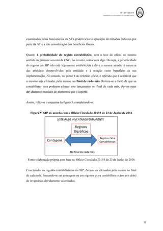 INVENTÁRIOS
ORDEM DOS CONTABILISTAS CERTIFICADOS
25
	 	
25	
	
examinados pelos funcionários da AT), podem levar à aplicação de métodos indiretos por
parte da AT e a não consideração dos benefícios fiscais.
Quanto à periodicidade do registo contabilístico, vem o teor do ofício no mesmo
sentido do pronunciamento da CNC, no entanto, acrescenta algo. Ou seja, a periodicidade
do registo em SIP não está legalmente estabelecida e deve a mesma atender à natureza
das atividade desenvolvidas pela entidade e à relação custo benefício da sua
implementação. No entanto, no ponto 8 do referido ofício, é referido que é aceitável que
o mesmo seja efetuado, pelo menos, no final de cada mês. Reitera-se o facto de que os
contabilistas para poderem efetuar este lançamento no final de cada mês, devem estar
devidamente munidos de elementos que o suporte.
Assim, refaz-se o esquema da figura 3, completando-o:
Figura 5: SIP de acordo com o Ofício Circulado 20193 de 23 de Junho de 2016
Fonte: elaboração própria com base no Ofício Circulado 20193 de 23 de Junho de 2016
Concluindo, os registos contabilísticos em SIP, devem ser efetuados pelo menos no final
de cada mês, baseando-se em contagens ou em registos extra contabilísticos (ou nos dois)
de inventários devidamente valorizados.
 