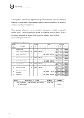 INVENTÁRIOS
ORDEM DOS CONTABILISTAS CERTIFICADOS
38
	 	
38	
	
Conta Descrição da Conta Débito Crédito
311
	 Compras	-	Mercadorias	 		 		16.000,00	€		
32	 Mercadorias	 			16.000,00	€		 		
		 		 		 		
9 - Nota de Crédito do fornecedor relativa à devolução de 100 unidades da matéria-
prima B adquiridas na última compra.
O custo de aquisição unitário da última compra de matérias-primas foi de 5 euros com um
desconto comercial de 20%, logo, 5*(1-20%) = € 4 /unidade.
Conta Descrição da Conta Débito Crédito Cálculos
317	 Devoluçes	de	compras	 		 									400,00	€		 100*4	
2434	 IVA	Reg.	-	A	favor	do	Estado	 		 											92,00	€		 400*23%	
2211	 Fornecedores	 									492,00	€		 		 400+92	
		 		 		 		
	
Nos termos do art. 78º n.º 2 do CIVA foi optado pela regularização do imposto.
Em SIP, para além do lançamento anterior temos:
Conta Descrição da Conta Débito Crédito
317	 Compras	-	Matérias	Primas	 									400,00	€		 		
33	 Matérias	Prima	 		 								400,00	€		
		 		 		 		
Ficha	de	Armazém	do	Bem:						Matéria	Prima	B
Q C1 Valor Q C1 Valor Q C1 Valor
Existência	Inicial 500 5,00	€
				 2.500,00	€
				
500 5,00	€
				 2.500,00	€
				
1.000	
	 5,00	€
				 5.000,00	€
				
200 5,00	€
				 1.000,00	€
				
1.000	
	 5,00	€
				 5.000,00	€
				
200 5,00	€
				 1.000,00	€
				
1000 5,00	€
				 5.000,00	€
				
200 4,00	€
				 800,00	€
							
200 5,00	€
				 1.000,00	€
				
1000 5,00	€
				 5.000,00	€
				
100 4,00	€
				 400,00	€
							
100 4,00	€
				 400,00	€
							
9
Nota	de	Crédito	devolução	a	
fornecedor
2 Compra	a	fornecedor	Francês 1.000	
	 5,00	€
				 5.000,00	€
				
Data/Nº	
da	
operação
DESCRIÇÃO
ENTRADAS SAÍDAS EXISTÊNCIAS
Compra	com	desconto	na	fatura
7
4 Consumo	de	300	unidades 1.500,00	€
				
300 5,00	€
				
200 4,00	€
				 800,00	€
							
 
