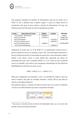INVENTÁRIOS
ORDEM DOS CONTABILISTAS CERTIFICADOS
50
	 	
50	
	
Conta Descrição da Conta Débito Crédito
383	 Compras	-	Mercadorias	 									200,00	€		 		
33	 Matérias	primas	 		 								200,00	€		
		 		 		 		
21 - Adiantamento de € 1.230 do cliente Z, relativo à venda do lote mais antigo em
armazém, da mercadoria A. Preço de 25 euros a unidade.
Conta Descrição da Conta Débito Crédito Cálculos
276	 Adiantamentos	por	Conta	de	vendas	 		 					1.000,00	€		 1.230/1,23	
2433	 IVA	-	Liquidado	 		 									230,00	€		 1.000*0,23	
12	 Depósitos	à	Ordem	 					1.230,00	€		 		 1.000+230	
		 		 		 		
	
Quando o preço não esteja fixado, a conta a utilizar é a conta 218.
Os aspetos fiscais são os mesmos, dos descritos no adiantamento ao fornecedor, com as
necessárias adaptações.
Ficha	de	Armazém	do	Bem:						Matéria	Prima	B
Q C# Valor Q C1 Valor Q C1 Valor
Existência	Inicial 500 5,00	€
				 2.500,00	€
				
500 5,00	€
				 2.500,00	€
				
1.000	
	 5,00	€
				 5.000,00	€
				
200 5,00	€
				 1.000,00	€
				
1.000	
	 5,00	€
				 5.000,00	€
				
200 5,00	€
				 1.000,00	€
				
1000 5,00	€
				 5.000,00	€
				
200 4,00	€
				 800,00	€
							
200 5,00	€
				 1.000,00	€
				
1000 5,00	€
				 5.000,00	€
				
100 4,00	€
				 400,00	€
							
200 5,00	€
				 1.000,00	€
				
1000 5,00	€
				 5.000,00	€
				
50 4,00	€
				 200,00	€
							
200 5,00	€
				 1.000,00	€
				
1000 5,00	€
				 5.000,00	€
				
40 5,00	€
				 200,00	€
							
200 5,00	€
				 1.000,00	€
				
1000 5,00	€
				 5.000,00	€
				
Quebra	anormal	das	restantes	
matérias	primas	do	lote
40 5,00	€
				 200,00	€
							
13 Oferta	a	um	cliente	potencial 50 4,00	€
				 200,00	€
							
14
Quebra	normal	de	20%	do	
último	lote
10
100 4,00	€
				 400,00	€
							
9
Nota	de	Crédito	devolução	a	
fornecedor
2 Compra	a	fornecedor	Francês 1.000	
	 5,00	€
				 5.000,00	€
				
Data/Nº	
da	
operação
DESCRIÇÃO
ENTRADAS SAÍDAS EXISTÊNCIAS
Compra	com	desconto	na	fatura
7
4 Consumo	de	300	unidades 1.500,00	€
				
300 5,00	€
				
200 4,00	€
				 800,00	€
							
20
 