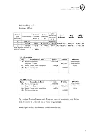 INVENTÁRIOS
ORDEM DOS CONTABILISTAS CERTIFICADOS
51
	 	
51	
	
22 - Oferta de um novo fornecedor relativa a 10 unidades da mercadoria A
Conta Descrição da Conta Débito Crédito Cálculos
382	 Reclassif.	Inventários	-	Mercadorias	 											70,00	€		 		 10*7	
7888	ou	7848	 Outros	Não	especificados	 		 											70,00	€		
	
		 		 		 		
	
		 		 		 		
	
Em SIP,
Conta Descrição da Conta Débito Crédito
382	 Reclassif.	Inventários	-	Mercadorias	 		 											70,00	€		
32	 Mercadorias	 												70,00	€		 		
		 		 		 		
Ficha	de	Armazém	do	Bem:	Mercadoria	A
Q C1 Valor Q C1 Valor Q C1 Valor
Existência	Inicial 500	
					 $%00	€
				 4.000,00	€
				
500	
					 $%00	€
				 4.000,00	€
				
1.000	
	 10,0	
				 10.000,00	€
	
1.000	
	 10,00	€
	 10.000,00	€
	
1.000	
	 10,00	€
	 10.000,00	€
	
100	
					 10,00	€
	 1.000,00	€
				
500 10,00	€
	 5.000,00	€
				 500	
					 10,00	€
	 5.000,00	€
				
100 10,00	€
	 1.000,00	€
				
500	
					 10,00	€
	 5.000,00	€
				
2.000	
	 $%00	€
				 16.000,00	€
	
500	
					 10,00	€
	 5.000,00	€
				
2.000	
	 $%00	€
				 16.000,00	€
	
100	
					 $%00	€
				 7
00,00	€
							
500	
					 10,00	€
	 5.000,00	€
				
2.000	
	 $%00	€
				 16.000,00	€
	
400	
					 10,00	€
	 4.000,00	€
				
2.000	
	 $%00	€
				 16.000,00	€
	
2.000	
	 $%00	€
				 16.000,00	€
	
2.000	
	 $%00	€
				 16.000,00	€
	
2.000	
	 $%00	€
				 16.000,00	€
	
2.000	
	 %00	€
				 1$'000,00	€
	
10	
							 (%00	€
				 70
%00	€
										
2.000	
	 $%00	€
				 16.000,00	€
	
2.000	
	 %00	€
				 1$'000,00	€
	
Rappel	de	10%	
da	compra	do	
dia	5
100 1,00	€
				 100,00	€
							 100 1,00	€
				 100,00	€
							
1 Compra	a	Fornecedor	Nacional 				2.000			 %00	€
				 1$'000,00	€
	
Venda	a	Cliente	Angolano
7
00,00	€
							
10 Devolução	de	Cliente 100	
					 $%00	€
				 7
00,00	€
							
15 10,00	€
	 4.000,00	€
				
1
EXISTÊNCIAS
1.000	
	 10,00	€
	
Compra	a	Fornecedor	Nacional
1 10.000,00	€
	
6
Data/Nº	
da	
operação
DESCRIÇÃO
ENTRADAS SAÍDAS
100 10,00	€
	 1.000,00	€
				
11
Destruição		das	unidades	
Devolvidas
100 $%00	€
				
3 Venda	a	cliente	nacional 500 $%00	€
				 4.000,00	€
				
5 Compra	com	desconto	de	pp. 100	
					 10,00	€
	 1.000,00	€
				
7 Importação	dos	EUA $%00	€
				 16.000,00	€
	
Sinistro	do	lote	mais	antigo
22 Oferta	de	fornecedor
12 Oferta	a	IPSS
2.000	
	
400
10	
							 (%00	€
				 70
%00	€
										
 