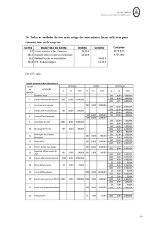 INVENTÁRIOS
ORDEM DOS CONTABILISTAS CERTIFICADOS
55
	 	
55	
	
Função: =TIR(A2:C2)
Resultado: 8,225%,
Período	
(em	
semestres)	
Fluxos	de	Caixa	
Gastos	de	
Financiam
ento	(*1)	
Capital	
Amorti23do	
(*2)	
Valor	
Atuali2ado	
em	Dívida	
(*3)	
(*1)
Cálculos
(*2)
Cálculos
(*3)
Cálculos
0	 					8.000,00	€		 		 		 8.000,00	€		
	 	 	
1	 -			4.500,00	€		 €	658,00	 -€	3.842,00	 	4.158,00	€		 8.000*8,225%	 4.500-658	 8.000-3.842	
2	 -			4.500,00	€		 €	342,00	 -	€	4.158,00	 	0,00	€		 4.158*8,225%	 4.500-342	 4.150-4.158	
Total	de	gastos	incluídos	no	
preço	de	compra	 €	1.000,00		 	
	 	 	 	
Pelo	1.º	Pagamento	
	 	
	
Conta Descrição da Conta Débito Crédito Cálculos
2211	 Fornecedores	gerais	 					4.500,00	€		 		 ver	quadro	de		
12	 Depósitos	à	Ordem	 		 					4.500,00	€		 financiamento	
6912	 Gastos	Financ	-	Juros	Suportados	 									658,00	€		 		 acima	
2211	 Fornecedores	gerais	 		 									658,00	€		
	
		 		 		 		
	
		 		 		 		
	
Pelo	2.º	Pagamento	
	 	
	
Conta Descrição da Conta Débito Crédito Cálculos
2211	 Fornecedores	gerais	 					4.500,00	€		 		 ver	quadro	de		
12	 Depósitos	à	Ordem	 		 					4.500,00	€		 financiamento	
6912	 Gastos	Financ	-	Juros	Suportados	 									342,00	€		 		 acima	
2211	 Fornecedores	gerais	 		 									342,00	€		
	
		 		 		 		
	
		 		 		 		
	
Se o período do juro ultrapassar mais do que um exercício económico o gasto de juro
terá, obviamente de ser diferido para se efetuar a especialização.
Em SIP; para além dos movimentos e cálculos anteriores vem,
 