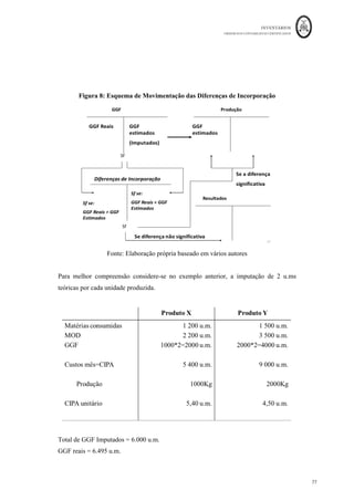 INVENTÁRIOS
ORDEM DOS CONTABILISTAS CERTIFICADOS
73
	 	
7 3 	
	
Assim, um gasto geral de fabrico é um gasto da produção que deverá ser imputado ao
produto, mas que não é matéria-prima ou mão-de-obra direta. Ou seja, nesta definição, os
gastos gerais de fabrico apresentam uma panóplia de diferentes naturezas de gastos
produtivos. A título de exemplo, quanto à sua natureza podem ser:
- Materiais Indiretos, tais como combustíveis, colas, vernizes, lubrificantes, material de
limpeza, ferramentas não duradouras, etc.
- Mão-de-obra indireta, tais como, ordenados dos encarregados das secções, ordenados do
pessoal de limpeza da fábrica, ordenados do pessoal de supervisão, etc.
- Outros custos indiretos de transformação, tais como gastos de conservação, água,
eletricidade, depreciações, rendas e alugueres, seguros, etc.
Quando a entidade fabrica apenas um tipo de bem, percebe-se que todos os gastos gerais
de fabrico fazem parte da produção desse bem, no entanto, o problema coloca-se quando
a entidade produz mais do que um produto.
A generalidade dos autores e o próprio normativo consideram as matérias-primas e a
mão-de-obra direta como um gasto que é incorporado diretamente no produto, enquanto
que os gastos gerais de fabrico são indiretos. Por gastos indiretos “entende-se o custo
daqueles fatores aplicados à produção, cuja imputação ao produto se realiza mediante o
estabelecimento prévio de umas chaves de repartição e não, através da verificação direta
do consumo desses fatores, na fabricação de cada produto” (Rocha e Rubio, 1999). No
entanto, apesar da maioria dos gastos gerais de fabrico serem indiretos podem existir
situações em que sejam diretos. É por exemplo, o caso de uma empresa que coloque
contadores de eletricidade numa linha de produção específica de um produto, fazendo
com que consiga perceber qual o gasto específico da eletricidade nesse produto, deixando
de existir portanto a necessidade de o repartir pelos diferentes tipos de produto. No
entanto, Rocha e Rubio (1999) apontam 3 razões para as empresas trabalharem com
chaves (bases) de repartição (imputação):
- Podem existir situações impossíveis de medir os custos diretos;
- A medição dos custos diretos pode ficar dispendiosa;
- Pode não existir uma relação explícita de causa-efeito entre a aplicação de alguns
fatores produtivos e a obtenção dos produtos.
 