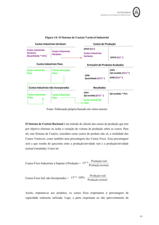 INVENTÁRIOS
ORDEM DOS CONTABILISTAS CERTIFICADOS
93
	 	
93	
	
Cálculo da Variação dos Inventários da Produção:
= (EFPA - EIPA) + (EFPVF - EIPVF)
= (3930 - 2000) + (500 - 100) = 2.330
Elaboração da Demonstração dos Resultados Por naturezas
DEMONSTRAÇÃO	DE	RESULTADOS	POR	NATUREZAS			 ANO	N	
	Vendas	e	serviços	prestados		 			80.000,00	€		
	Variação	nos	inventários	da	produção		 					2.330,00	€		
	Custos	das	mercadorias	vendidas	e	matérias	consumidas		 -	10.000,00	€		
	Fornecimentos	e	serviços	externos		 -			1.500,00	€		
	Gastos	com	o	pessoal		 -			7.500,00	€		
	Result.	Antes	de	Depreciações,	Gastos	de	Financ	.e	Imp.		 			63.330,00	€		
	Gastos/reversões	de	depreciações	e	de	amortização		 -			3.000,00	€		
	Resultados	antes	de	gastos	de	financiamento	e	impostos		 			60.330,00	€		
	Juros	e	rendimentos	similares	obtidos		
	
	Juros	e	rendimentos	similares	suportados		 -			1.000,00	€		
	Resultado	antes	de	imposto		 			59.330,00	€		
Como se pode verificar, o resultado a que se chega organizando os gastos por naturezas,
após efetuar a valorização dos inventários, terá de ser igual ao mesmo resultado quando
esses gastos são organizados por funções, na condição de ser utilizado o mesmo sistema
de custeio na construção das DRs. A matéria relativa à utilização de sistemas de custeio
será abordada no capítulo seguinte.
4.4. Os Sistemas de Custeio e a Mensuração de Inventários
Pelo texto até agora traçado consegue-se perceber que existe um caminho a percorrer para
se poder efetuar a mensuração de inventários da produção, para já falou-se de dois
passos fundamentais:
1.º - Efetuar a reclassificação dos Gastos das Naturezas para as Funções;
2.º - Dividir os Gastos Produtivos em Matéria-prima + Mão-de-obra Direta + Gastos
Gerais de Fabrico;
 