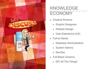 KNOWLEDGE
ECONOMY
● Creative Persons
● Graphic Designers
● Website Design
● User Experience (UX)
● Full-on Nerds
● Database Administrators
● System Admins
● DevOps
● Full-Stack Unicorns
● DIY All The Things!
 