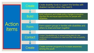 Action
items
Create
Create summer programs to increase awareness
among the youth
Contact
Contact “EquallyAble.org” to renew building plans for new
constructions or renovations to make sure they meet accessibility
guidelines.
Form
Form support groups in families with disabilities and
others to share and learn together
Build
Build institutions and initiate policy changes to ensure a
dignified life and equal opportunities for people with
disabilities
Create
Create disability funds to support the families with
disabled members when they need it.
 