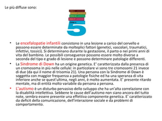 • Le encefalopatie infantili consistono in una lesione a carico del cervello e
possono essere determinate da molteplici fattori (genetici, vascolari, traumatici,
infettivi, tossici). Si determinano durante la gestazione, il parto o nei primi anni di
vita del bambino. Le possibili conseguenze possono essere molto diverse a
seconda del tipo e grado di lesione e possono determinare patologie differenti.
• La Sindrome di Down ha un origine genetica. E’ caratterizzata dalla presenza di
un cromosoma in più nelle cellule: in particolare vi sono tre cromosomi 21 invece
di due (da qui il nome di trisomia 21). Una persona con la Sindrome di Down è
soggetta con maggior frequenza a patologie fisiche ed ha una speranza di vita
inferiore anche se quest’ultima, negli anni, è molto aumentata. E’ presente ritardo
mentale, ma di entità molto variabile da persona a persona.
• L’autismo è un disturbo pervasivo dello sviluppo che ha un’alta correlazione con
la disabilità intellettiva. Sebbene le cause dell’autismo non siano ancora del tutto
note, sembra essere presente una effettiva componente genetica. E’ caratterizzato
da deficit della comunicazione, dell’interazione sociale e da problemi di
comportamento.
Le più diffuse sono:
 