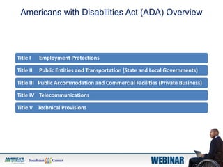 Americans with Disabilities Act (ADA) Overview
Title I Employment Protections
Title II Public Entities and Transportation (State and Local Governments)
Title III Public Accommodation and Commercial Facilities (Private Business)
Title IV Telecommunications
Title V Technical Provisions
 