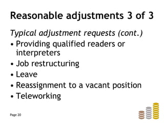 Reasonable adjustments 3 of 3
Typical adjustment requests (cont.)
• Providing qualified readers or
interpreters
• Job restructuring
• Leave
• Reassignment to a vacant position
• Teleworking
Page 20
 