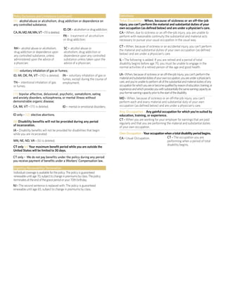 (10) voluntary inhalation of gas or fumes;
IN - voluntary inhalation of gas or
fumes, except during the course of
employment;
ID, MI, OK, PA, VT - (10) is deleted;
TN - intentional inhalation of gas
or fumes;
(11) bipolar affective, delusional, psychotic, somatoform, eating
and anxiety disorders, schizophrenia, or mental illness without
demonstrable organic disease;
CA, MI, VT - (11) is deleted; ID - mental or emotional disorders;
ID only - (12) elective abortions.
(b) Disability benefits will not be provided during any period
of incarceration.
IA - Disability benefits will not be provided for disabilities that begin
while you are incarcerated.
MN, NE, ND, VA - (b) is deleted;
CT only (c) Your maximum benefit period while you are outside the
United States will be limited to 30 days.
CT only - We do not pay benefits under the policy during any period
you receive payment of benefits under a Workers’ Compensation law.
Policy Exclusions and Limitations (continued)
(9) alcohol abuse or alcoholism, drug addiction or dependence on
any controlled substance;
CA,IN,MD,MI,MN,VT-(9)isdeleted;
ID,OK- alcoholismordrugaddiction;
NH - alcohol abuse or alcoholism,
drug addiction or dependence upon
any controlled substance, unless
administered upon the advice of
a physician;
SC - alcohol abuse or
alcoholism, drug addiction or
dependence upon any controlled
substance unless taken upon the
advice of a physician;
PA - treatment of alcoholism
or drug addiction;
Eligibility/Renewability/Termination
Individualcoverageisavailableforthepolicy.The policy is guaranteed
renewable untilage70,subjecttochangeinpremiumsbyclass.Thepolicy
terminatesattheendofthegraceperiodoryour70thbirthday.
NJ - The second sentence is replaced with: The policy is guaranteed
renewable until age 65, subject to change in premiums by class.
CA - When, due to sickness or an off-the-job injury, you are unable to
perform with reasonable continuity the substantial and material acts
necessary to pursue your usual occupation in the usual way.
Definitions
Total Disability - When, because of sickness or an off-the-job
injury, you can’t perform the material and substantial duties of your
own occupation (as defined below) and are under a physician’s care.
CT - When, because of sickness or an accidental injury, you can’t perform
the material and substantial duties of your own occupation (as defined
below) and are under a physician’s care.
IL - The following is added: If you are retired and a period of total
disability begins before age 70, you must be unable to engage in the
normal activities of a retired person of like age and good health.
Any Occupation - Any gainful occupation for which you’re suited by
education, training, or experience.
OwnOccupation- Youroccupationwhenatotaldisabilityperiodbegins.
LA-When,becauseofsicknessoranoff-the-jobinjury,youcan’tperformthe
materialandsubstantialdutiesofyourownoccupation,youareunderaphysician’s
care,andyou’reunabletoperformallofthesubstantialandmaterialdutiesofany
occupationforwhichyouareorbecomequalifiedbyreasonofeducation,training,or
experienceandwhichprovidesyouwithsubstantiallythesameearningcapacityas
yourformerearningcapacitypriortothestartofthedisability.
MD - When, because of sickness or an off-the-job injury, you can’t
perform each and every material and substantial duty of your own
occupation (as defined below) and are under a physician’s care.
CT - When you are working for your employer for earnings that are paid
regularly and that you are performing the material and substantial duties
of your own occupation.
CA - Usual Occupation. CT - The occupation you are
performing when a period of total
disability begins.
 