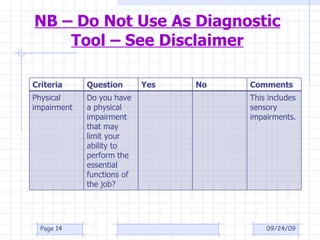 NB – Do Not Use As Diagnostic Tool – See Disclaimer 09/24/09 Page  Criteria Question Yes No Comments Physical impairment Do you have a physical impairment that may limit your ability to perform the essential functions of the job? This includes sensory impairments. 
