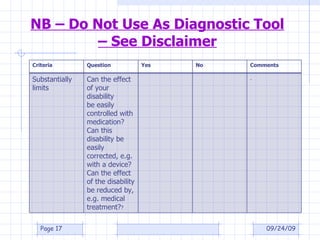 NB – Do Not Use As Diagnostic Tool – See Disclaimer 09/24/09 Page  Criteria Question Yes No Comments Substantially limits Can the effect of your disability be easily controlled with medication? Can this disability be easily corrected, e.g. with a device? Can the effect of the disability be reduced by, e.g. medical treatment? ? . 