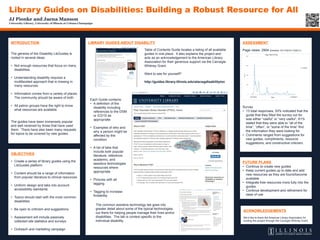 JJ Pionke and Jaena Manson
University Library, University of Illinois at Urbana-Champaign
Library Guides on Disabilities: Building a Robust Resource for All
ACKNOWLEDGEMENTS
We’d like to thank the American Library Association for
funding this project through the Carnegie Whitney Grant.
OBJECTIVES
• Create a series of library guides using the
LibGuides platform
• Content should be a range of information
from popular literature to clinical resources
• Uniform design and take into account
accessibility standards
• Topics should start with the most common
disabilities
• Be open to criticism and suggestions
• Assessment will include passively
collected site statistics and surveys
• Outreach and marketing campaign
INTRODUCTION
The genesis of the Disability LibGuides is
rooted in several ideas:
• Not enough resources that focus on many
disabilities
• Understanding disability requires a
multifaceted approach that is missing in
many resources
• Information comes from a variety of places
The community should be aware of both
• All patron groups have the right to know
what resources are available
The guides have been immensely popular
and well received by those that have used
them. There have also been many requests
for topics to be covered by new guides.
LIBRARY GUIDES ABOUT DISABILITY ASSESSMENT
Page views: 2904 (between 10/17/2016-1/3/2017)
Survey
• 13 total responses, 53% indicated that the
guide that they filled the survey out for
was either “useful” or “very useful”, 61%
stated that they were able to “all of the
time”, “often”, or “some of the time” find
the information they were looking for.
• Comments ranged from suggestions for
new guides, compliments, resource
suggestions, and constructive criticism.
FUTURE PLANS
• Continue to create new guides
• Keep current guides up to date and add
new resources as they are found/become
available
• Integrate free resources more fully into the
guides
• Continue development and refinement for
ease of use
Table of Contents Guide locates a listing of all available
guides in one place. It also explains the project and
acts as an acknowledgement to the American Library
Association for their generous support via the Carnegie
Whitney Grant.
Want to see for yourself?
http://guides.library.illinois.edu/alacwgdisabilitytoc
Each Guide contains:
• A definition of the
disability including
references to the DSM
or ICD10 as
appropriate
• Examples of who and
why a person might be
affected by the
condition
• A list of tabs that
include both popular
literature, reference,
academic, and
assistive technologies
resources where
appropriate
• Pictures with alt
tagging
• Tagging to increase
findability
The common assistive technology tab goes into
greater detail about some of the typical technologies
out there for helping people manage their lives and/or
disabilities. The tab is context specific to the
individual disability.
 