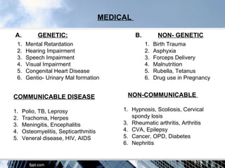 MEDICAL

A.          GENETIC:                             B.         NON- GENETIC
 1.    Mental Retardation                             1.   Birth Trauma
 2.    Hearing Impairment                             2.   Asphyxia
 3.    Speech Impairment                              3.   Forceps Delivery
 4.    Visual Impairment                              4.   Malnutrition
 5.    Congenital Heart Disease                       5.   Rubella, Tetanus
 6.    Gentio- Urinary Mal formation                  6.   Drug use in Pregnancy


COMMUNICABLE DISEASE                         NON-COMMUNICABLE

1.    Polio, TB, Leprosy                    1. Hypnosis, Scoliosis, Cervical
2.    Trachoma, Herpes                         spondy losis
3.    Meningitis, Encephalitis              3. Rheumatic arthritis, Arthritis
4.    Osteomyelitis, Septicarthmitis        4. CVA, Epilepsy
5.    Veneral disease, HIV, AIDS            5. Cancer, OPD, Diabetes
                                            6. Nephritis
 