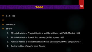 5 , 4 , 120
500 NGOs
MHFW
1. All India Institute of Physical Medicine and Rehabilitation (AIIPMR) Mumbai 1955
2. All India Institute of Speech And Hearing (AIISH) Mysore 1966
3. National Institute of Mental Health and Neuro Science (NIMHANS) Bengaluru 1974
4. Central Institute of psycho clinic Ranchi
2006 18
 