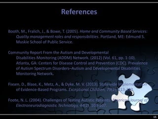 References
15
Booth, M., Fralich, J., & Bowe, T. (2005). Home and Community Based Services:
Quality management roles and responsibilities. Portland, ME: Edmund S.
Muskie School of Public Service.
Community Report From the Autism and Developmental
Disabilities Monitoring (ADDM) Network. (2012) (Vol. 61, pp. 1-10).
Atlanta, GA: Centers for Disease Control and Prevention (CDC). Prevalence
of Autism Spectrum Disorders–Autism and Developmental Disabilities
Monitoring Network.
Fixsen, D., Blase, K., Metz, A., & Dyke, M. V. (2013). Statewide Implementation
of Evidence-Based Programs. Exceptional Children, 79(2), 213-230.
Foote, N. L. (2004). Challenges of Testing Autistic Patients. American Journal of
Electroneurodiagnostic Technology, 44(2), 103-107.
 