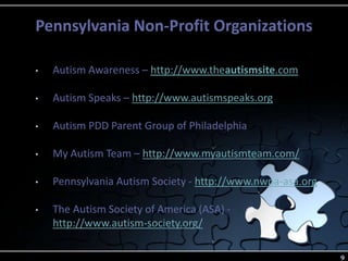Pennsylvania Non-Profit Organizations
9
• Autism Awareness – http://www.theautismsite.com
• Autism Speaks – http://www.autismspeaks.org
• Autism PDD Parent Group of Philadelphia
• My Autism Team – http://www.myautismteam.com/
• Pennsylvania Autism Society - http://www.nwpa-asa.org
• The Autism Society of America (ASA) -
http://www.autism-society.org/
 